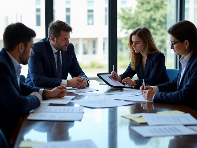 Zespół ekspertów analizujący dokumenty due diligence przy stole konferencyjnym