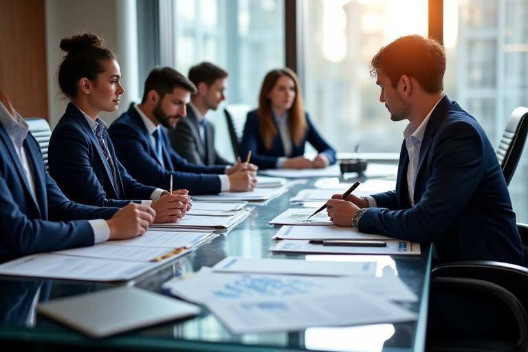 Zespół przeprowadzający due diligence przy stole konferencyjnym z raportami finansowymi