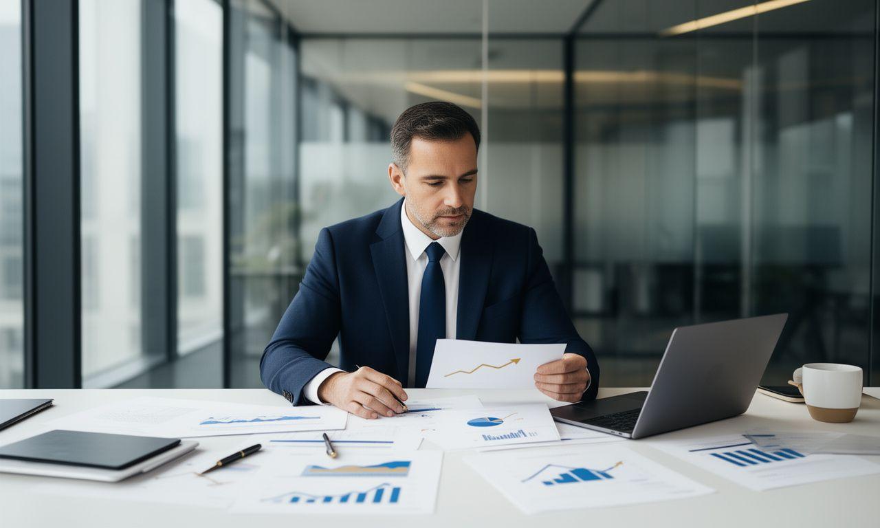 Profesjonalna scena przedstawiająca analizę inwestycji private equity z wykresami i dokumentami