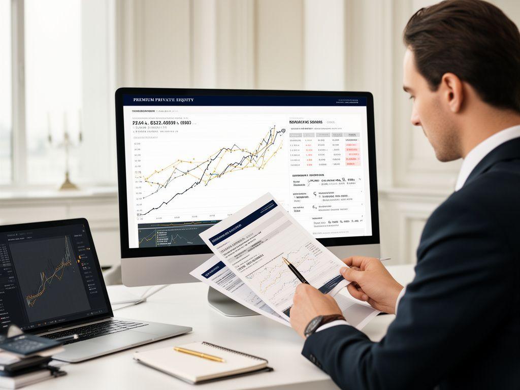 Analityk private equity pracujący nad raportem rynkowym i wykresem trendów